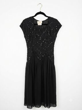 Black Sequin Lace Midi Dress with Cap Sleeves